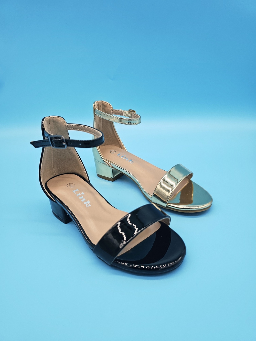 Children’s Ankle-Strap Dress Sandals in Black and Gold